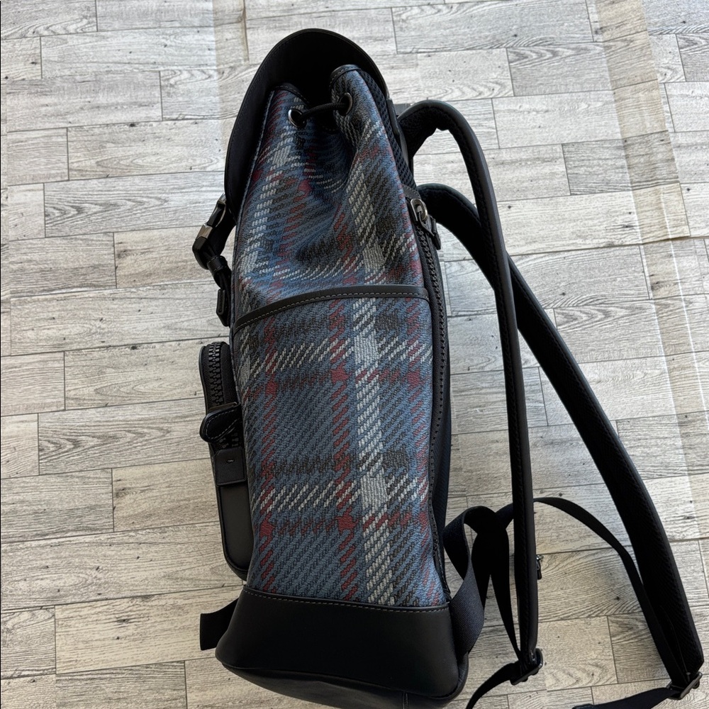 Coach Leather Backpack Blue Track Plaid Laptop Travel Carry On Bag‎ Quiet Luxury - Picture 9 of 13